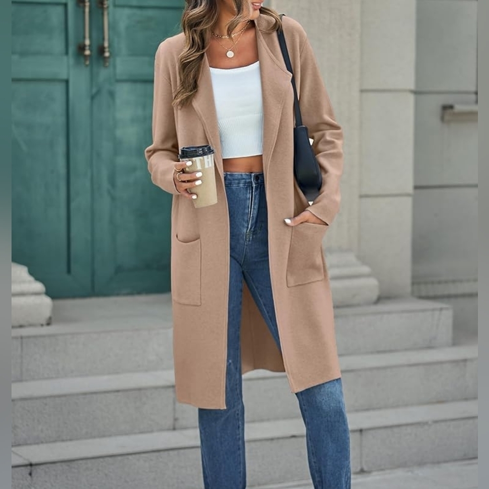 MEROKEETY Women's Long Hooded Knit Cardigan Sweater with Pockets Light Taupe Siz